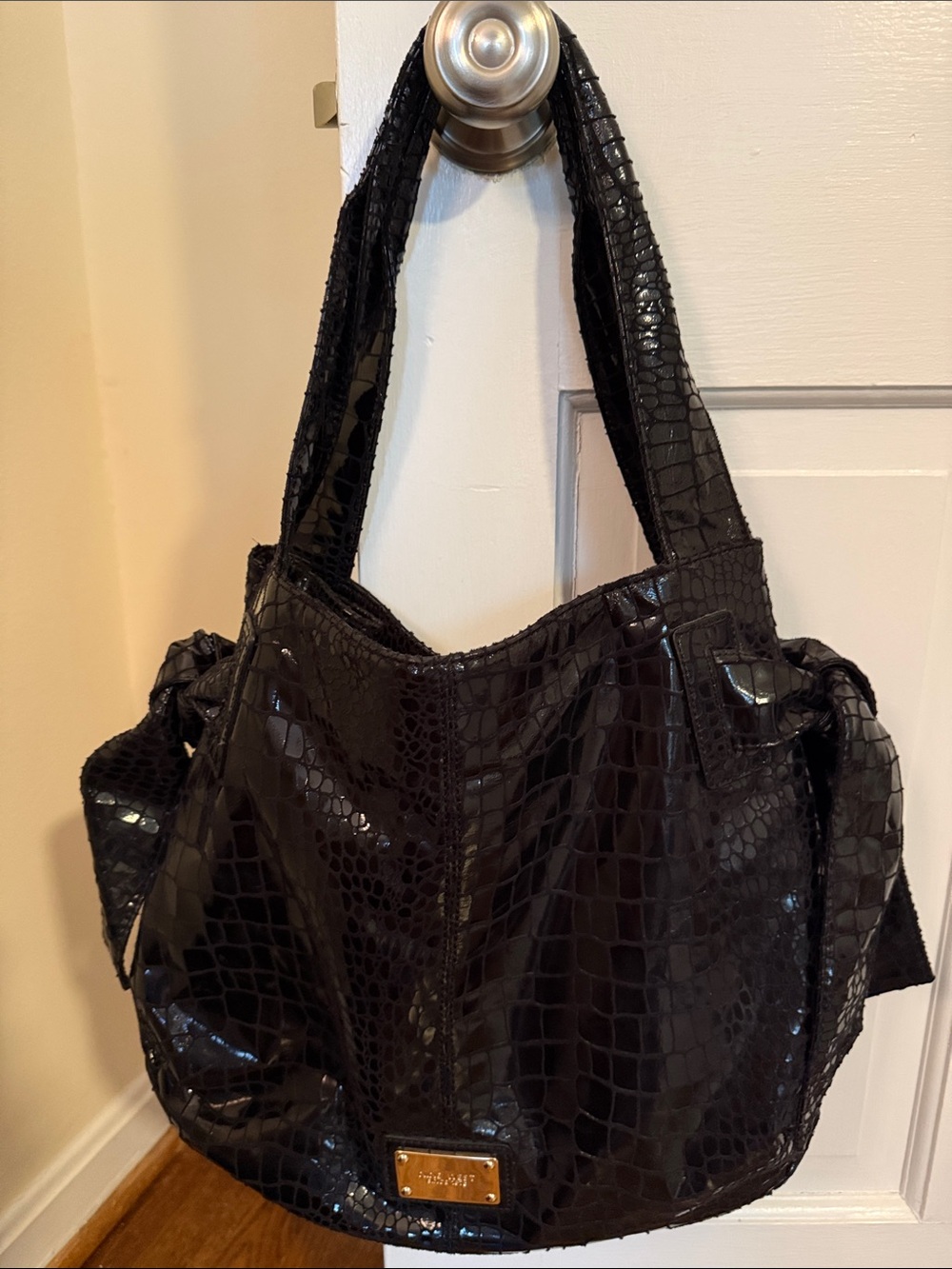 Nine West Black Patent Croc-Texture Tote/Purse